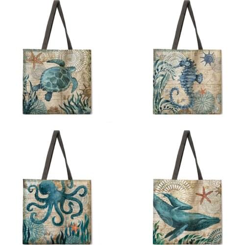 Folding shopping bag marine life combination lady shoulder bag female leisure handbag outdoor beach bag female tote bag