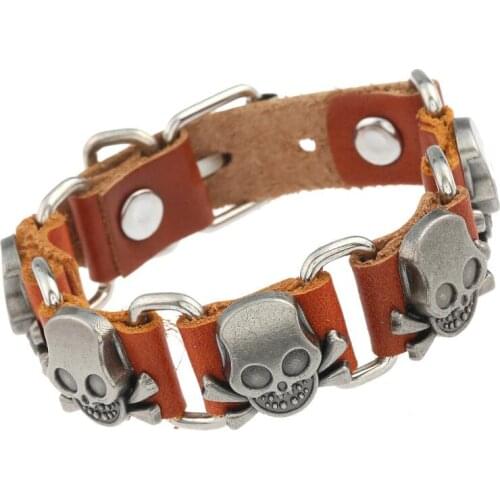 Vintage Punk Alloy Skull Bone Charm Bracelet Handmade Genuine Leather Link Chain Skeleton Bangle Wrap Wristbands Fashion Jewelry