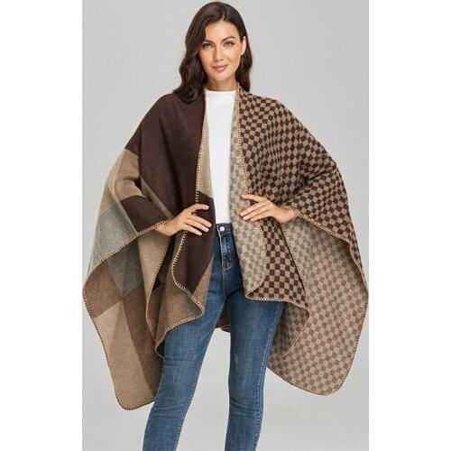 Imitation Cashmere Women Plaid Scarf Vintage Winter Poncho Warm Shawl Wrap Female Knitted Warm Split Wild Soft Thick Blanket