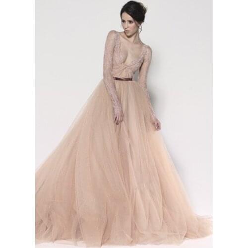 2018 new fashion long vestidos formal long sleeve beaded deep v-neck bridal gown sexy lace beach mother of the bride dresses