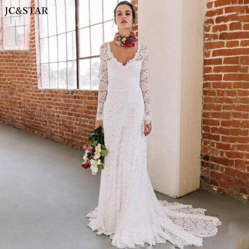 Robe de mariee manche longue new lace V neck back open white sexy mermaid beach boho wedding dress brush tail abiti sposa plus