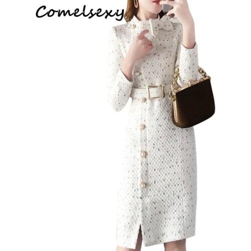 New Arrival 2019 Winter Runway Long Sleeve Tweed Dress Autumn Chic Women Elegant Slim Vintage Casual Woolen Dresses Vestidos