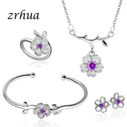 ZRHUA High Quality 925 Sterling Silver Cool Elegant Jewelry Sets for Women Pendant Necklace Earrings Ring Bangle Flower Gifts