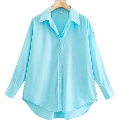 2021 New Women Fashion Loose Asymmetry Poplin Blouses Vintage Long Sleeve Button-up Female Shirts Blusas Chic Tops