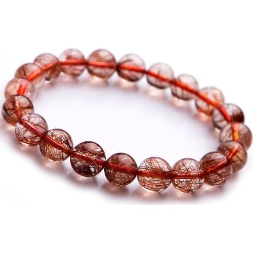 Genuine Natural Copper Hair Rutilated Quartz Crystal Round Beads Fashion Charm Bracelet Jewerly 10mm