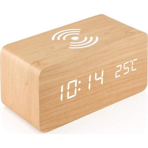 Wooden Alarm Clock With Qi Wireless Charging Pad Compatible With For Iphone Samsung Wood Led Digital Clock Sound Control Functio
