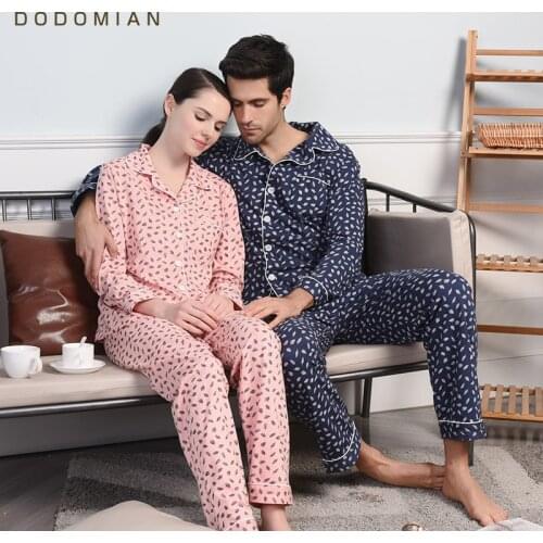 DO DO MIAN Couples Pajamas Sets 95% Cotton 2 psc Leisure Home Clothing Suit women/men Turn-down Collar Cardigan tops+pants