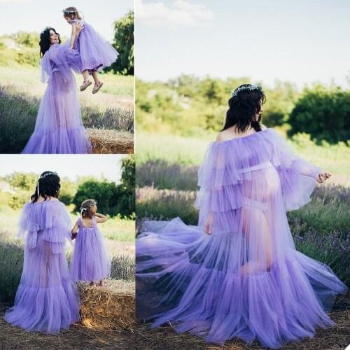 Illusion Light Purple Tulle Maternity Women Robes Off Shoulder Long Sleeve Sleepwear Robe Party Prom Gowns For Photo Shoot