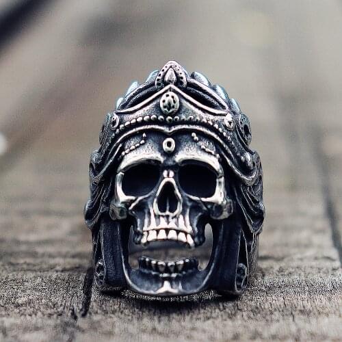 Mens Boys Mahakali Helmet Skull Biker Rings Vintage 316L Stainless Steel Ring Punk Rock Jewelry Gift for Him