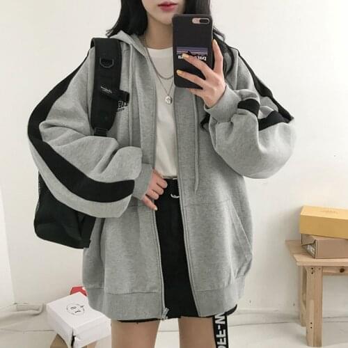 Korean Hoodie Student Wear Velvet Winter Warm Pocket Striped Oversized Harajuku Japan Hoodie Fashion Gray Long Sleeve Sweatshirt