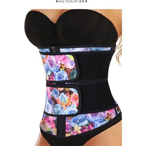 Rose Floral Waist Trainer Corset Underbust Neoprene Bustier Zipper Up Corselet Double 2 Belt Slimming Cincher Steel Boned Belts