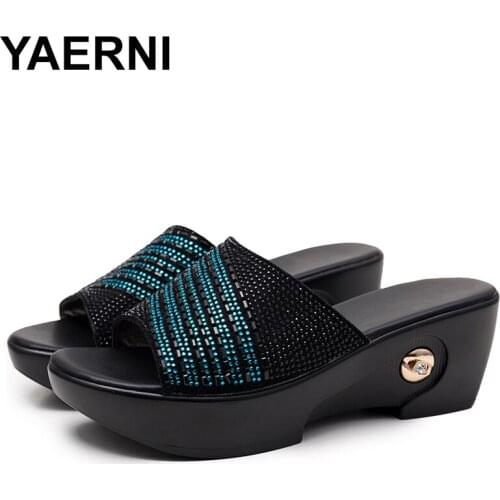 YAERNI Rhinestone Middle-aged Lady Leather Wedge Slippers Plus Size Mother Cool Slippers And Sandals Fashion Woman Summer Shoes