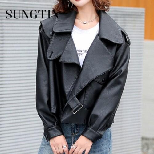 Sungtin Korean Style PU Leather Loose Jacket Women Fashion Streetwear Motorcycle Faux Leather Jackets Boyfriend Punk Coat Chic