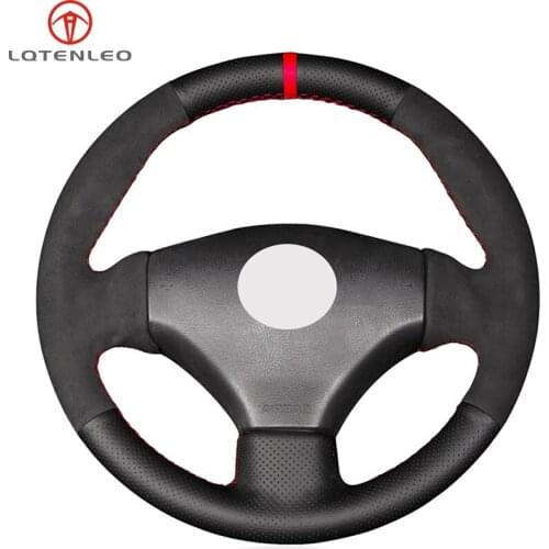 LQTENLEO Black Genuine Leather Suede Sew Car Steering Wheel Cover for Peugeot 206 1998-2005 206 SW 2003-2005 206 CC 2004 2005
