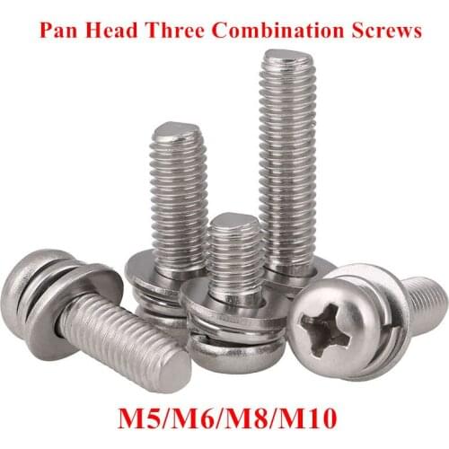 M5 M6 M8 M10 Phillips Pan Head Combination Screw Three Combined Bolt with Flat/ Spring Washer 304 Stainless Steel Bolts