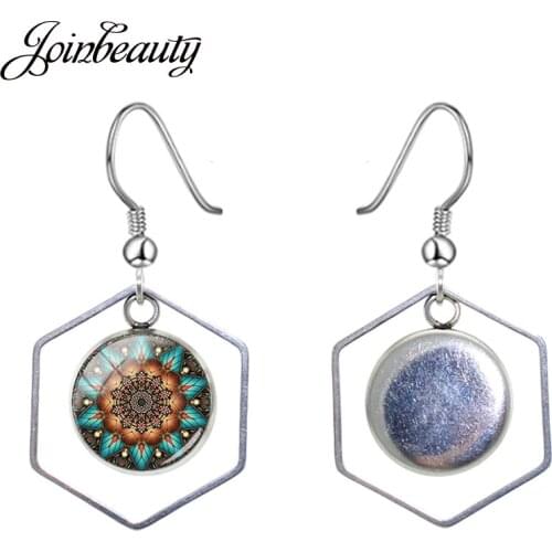 JOINBEAUTY Hollow Out Polygon Drop Earrings Mandala Colour Art Picture Glass Dome Handmade Dangle Earrings Fashion Jewelry C321