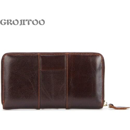 GROJITOO Genuine Leather Wallet Mens Stitching Long Wallet Clutch Bag For Men Oil Wax Cowhide Zipper Bag Top Layer Leather Bag