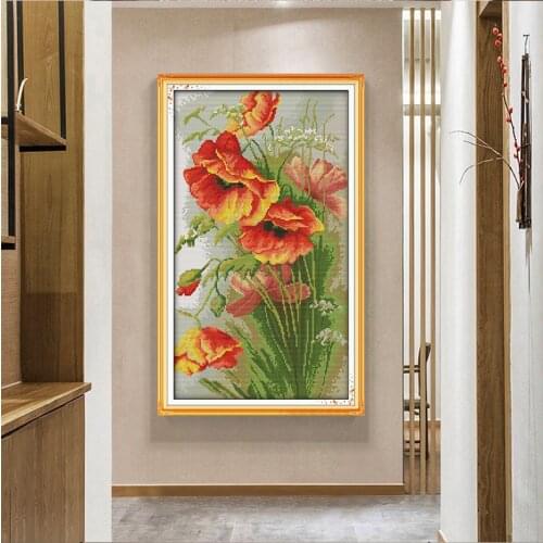 Joy Sunday Poppies cross stitch Set 11CT 14CT DMC printed canvas cartoon pattern flowers cross stitch embroidery Kits Home decor