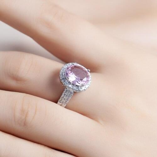 New Arrival Pink Crystal Paved Egg Stone Rings European Women Luxury Cubic Zirconia Wedding Engagement Silver Plated Jewelry