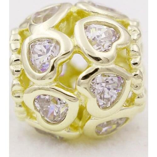 Original Gold Color Shine Love Heart Bonds With Crystal Beads Fit 925 Sterling Silver Bead Charm Bracelet DIY Jewelry