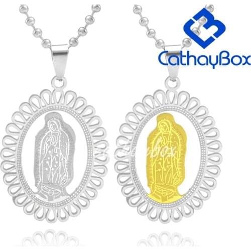 Gold Tone Stainless Steel Floral Frame Oval Our Lady of Guadalupe Saint Mary Pendant Necklace