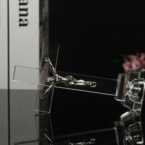 P8DE Christian Cross Church Ornaments Crystal Cross Jesus Statue Religious Style Desk