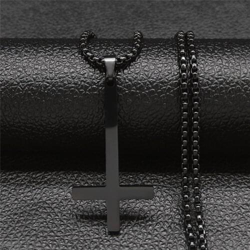 Stainless Steel Upside Down Cross Witchcraft Pagan Necklace Women/Men Black Chain Necklace Jewelry collier gothique N8005S02