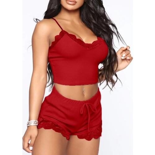 2020 Women Sleepewear Sexy Solid Camis & Shorts Pajama Set for Women Sleeveless Soft Elastic Lace Trim Drawstring Cami Set