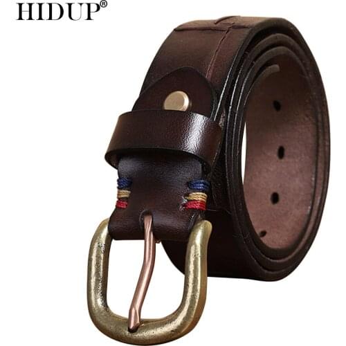 HIDUP Unique Retro Styles Striped Line Cowskin Leather Belts Brass Pin Buckle Metal Solid Cowhide Belt Jeans Accessories NWJ1084