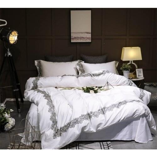 Luxury Lace 100S Egyptian cotton Royal Bedding sets Queen King size Duvet cover Bed sheet set Pillowcase 4pcs white grey blue