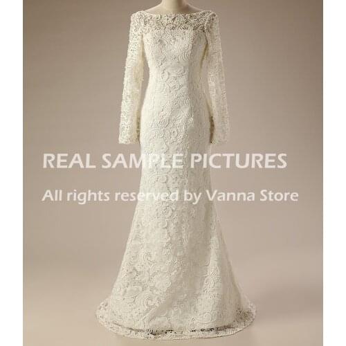 Mermaid Lace Wedding Bridal Dress Bateau Long Sleeve Low Back Custom Made Plus Size Corset 2020 Bride Evening Party Gown #389