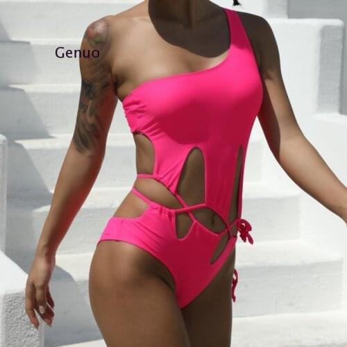 Sexy Hollow Out One Shoulder Swimwear Women Biquini 2021 High Waist Solid Swimsuit Push Up High Cut Bather Suit