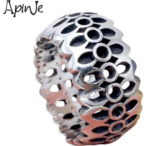Apinje Thai Silver Flower Ring 925 Sterling Silver Ring for Men Gothic Punk Ancient Cherry Blossom Fashion Jewelry