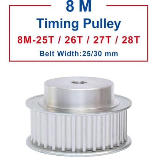 Timing Pulley 8M-25T/26T/27T/28T teeth pitch 8 mm process hole 10 mm Aluminum pulley slot width 27/32mm for 25/30 mm timing belt