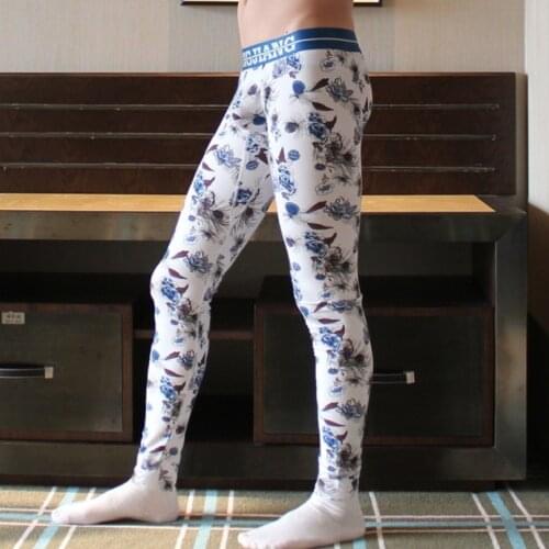 WJ mens Sexy Floral Cotton Thermal long Johns Penis Pouch Skinny Lounge Pant Gay Men Tights Legging Fitness Long Sleep Bottoms
