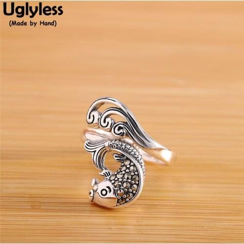 Uglyless Handmade Carp Fish Rings for Women Wide Animals Ethnic Jewelry Marcasite Thai Silver Waves Open Rings 925 Silver Bijoux