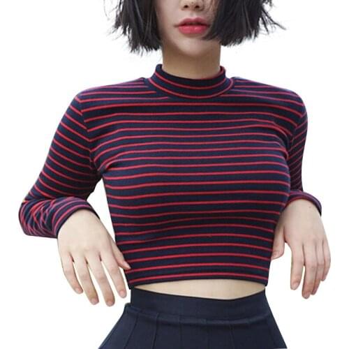 Crop Tops Women 2021 Chic All-match Classic Stripe Slim Short Bustier Crop Top Turtleneck Long Sleeved T-shirt Sexy Shirts Tee