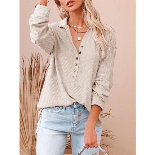 2021 Autumn Winter T Shirt Women Casual Solid Color V-Neck Button Long Sleeve Vintage Fashion Loose Plus Size Pullover Tops