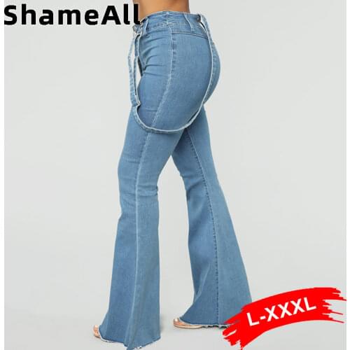 Plus Size Suspender Flare Jeans Jumpsuits 3XL Wide Leg Denim Overalls Vintage Blue Streetwear Bib Pant One Piece Bandage Outfits