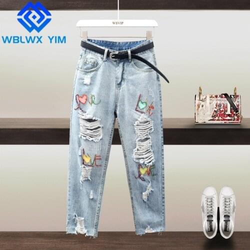 High Waist Jeans Women Hole Fashion Beaded Washed Jeans Womens Plus Size Jeans Streetwear Denim Straight Pants With Belt Spring