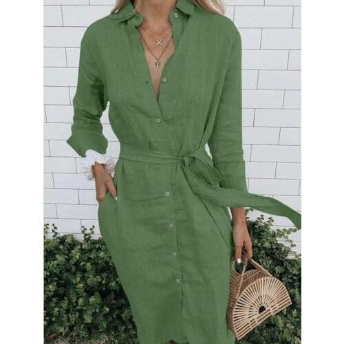 Large 5xl Green White Black Linen Dress Women Sashes Long Sleeve Button Up Long Shirt Dress 2021 Casual Robe Chemise Femme