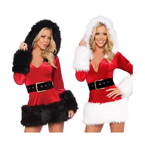 Women Sexy Furry Xmas Santa Claus Costume Long Sleeves Hooded Dress With Belt Plus Size