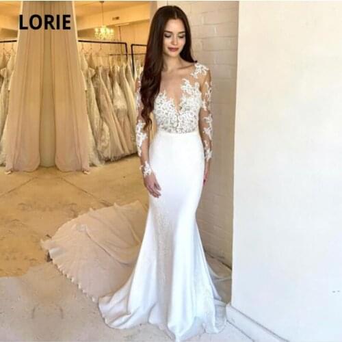 LORIE Mermaid Wedding Dresses with Long Sleeves Lace Appliques Elastic Chiffon Long Wedding Bridal Gowns vestidos de novia