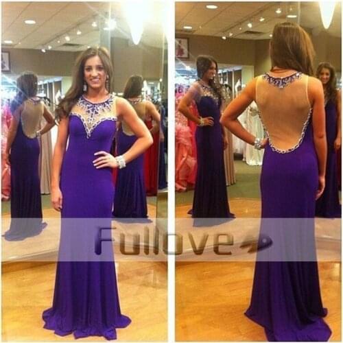 Lavish Lilac Beaded Rhinestone See Through Evening Dress Long 2019 Sheer Appliques Mermaid Chiffon Formal Dress Vestido De Gala