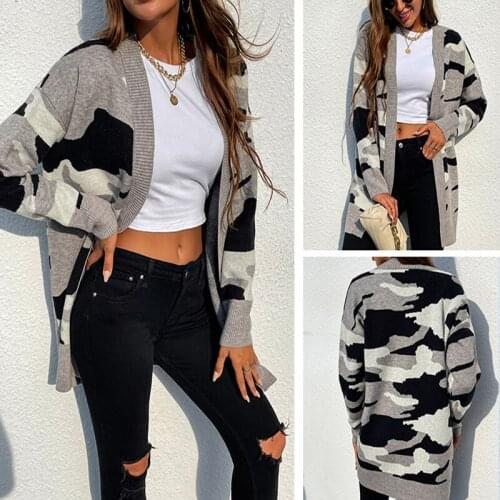 ZJZLL Hot Sale 2021 Autumn and Winter New Knitted Sweater Womens European and American Long Loose Camouflage Cardigan Coat