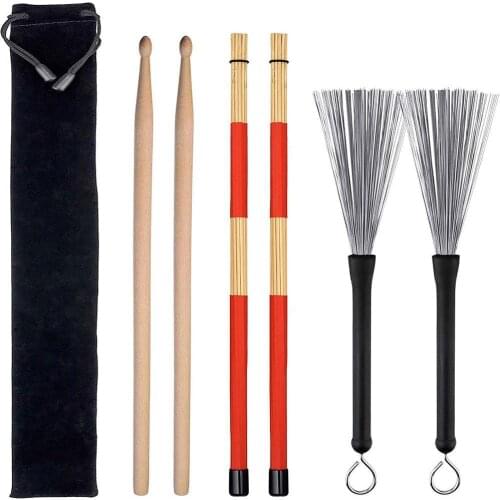 1 Pair 5A Drum Sticks Wood Drumsticks Set 1 Pair Drum Wire Brushes Drum Stick Brush And 1 Pair Rods Drum Brushes
