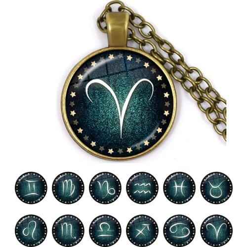 12 Constellation Necklace Zodiac Signs Cabochon Glass Pendant Clavicle Chain Necklace Birthday Party Gifts for Women Men