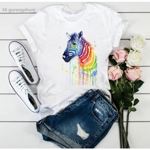 2021 Gothic Abstract Watercolor Love Rainbow Horse Feather T Shirt Animal T-Shirt Women Clothes Female Clothing 90s Tee Tops