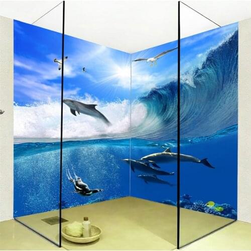 3D Stereo Sea Wave Dolphin Photo Mural Wallpaper PVC Self-Adhesive Waterproof Bathroom Backdrop Wall Sticker Papel De Parede 3 D