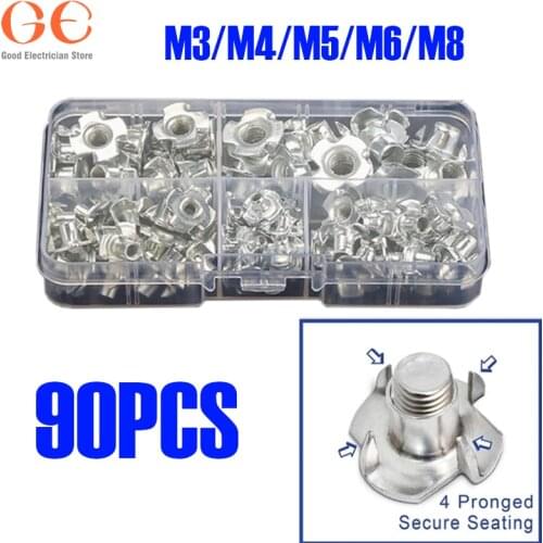 90PCS Carbon Steel Four Pronged T Nuts M3/M4/M5/M6/M8 Blind Inserts Nut For Wood Furniture thread outside furniture